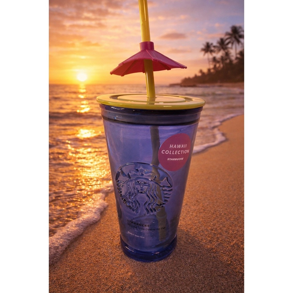 Starbucks Hawaii Collection Blue Recycled Glass 16oz Tumbler Umbrella Straw NWT